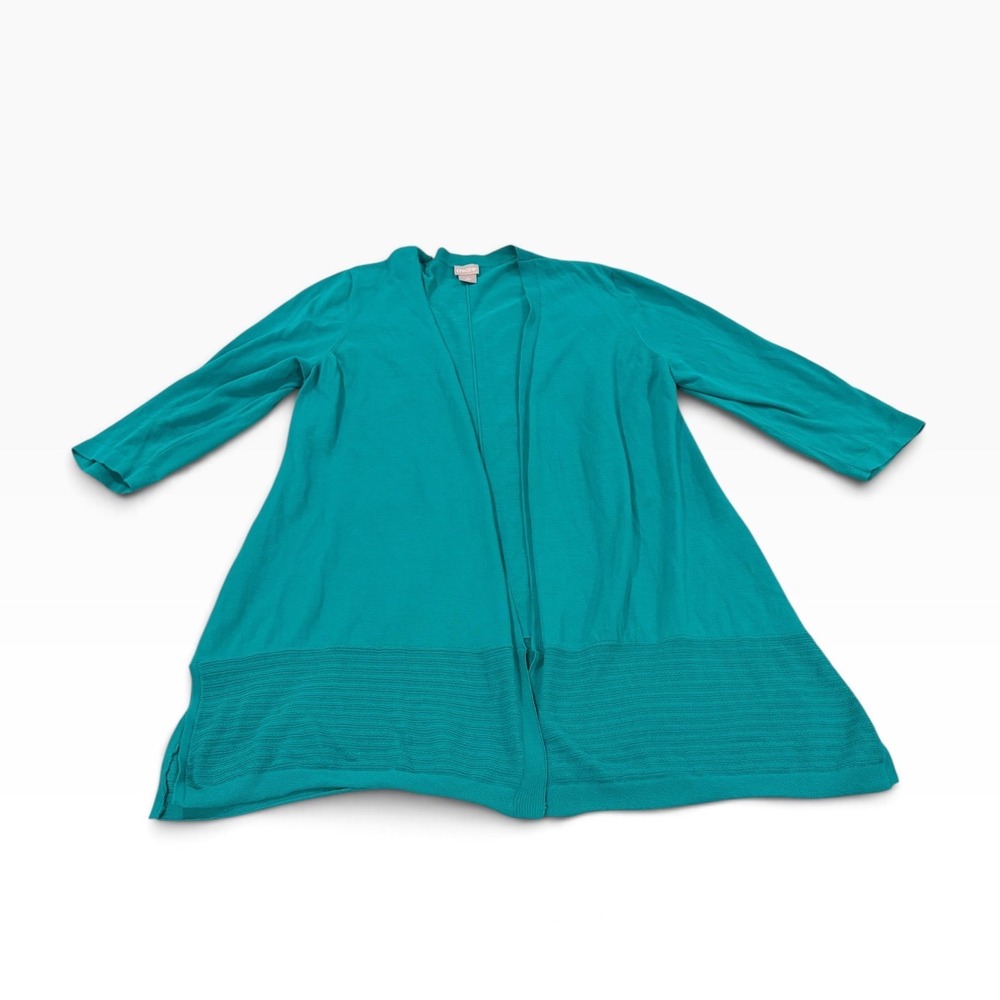 Chicos Teal Green Open Front Duster Cardigan Knit 3/4 Sleeve Size 2 Large